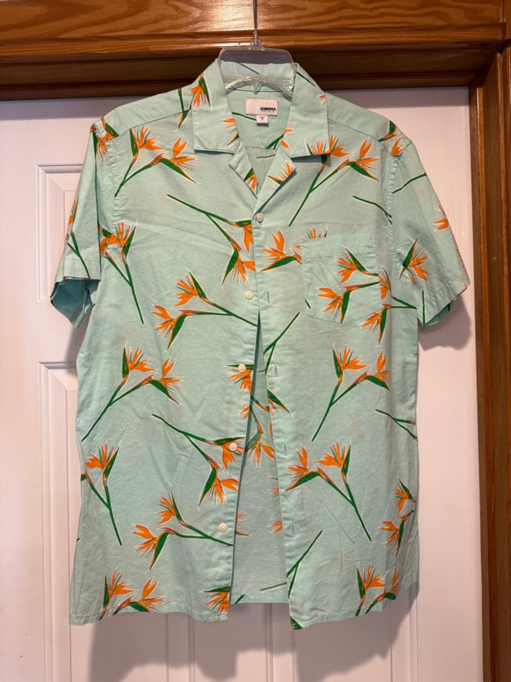 Sonoma Light Mint Green Short-Sleeve Button-Down with Orange Floral Print